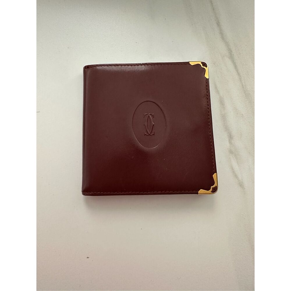 Cartier Leather Credit Card Slot Logo Bifold Coin Wallet Burgundy Red One Size